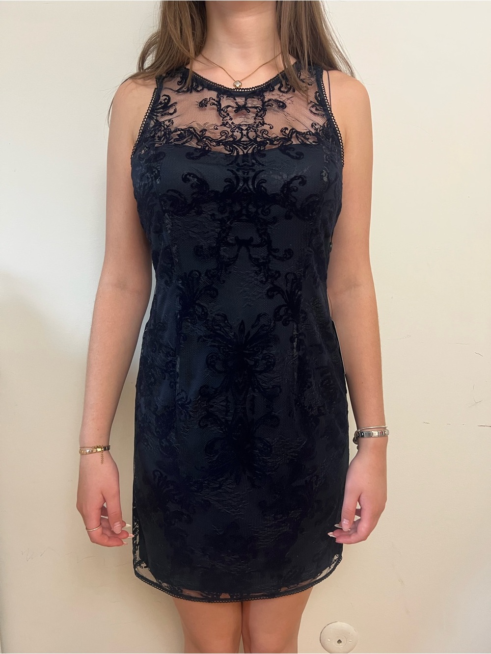 Adrianna Papell NWT Navy Blue Lace & Flocked Velvet Sheath Dress - Size US 6 / S